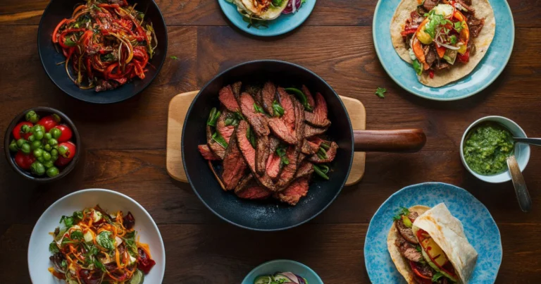 A plate of tender thin-sliced beef stir-fry with colorful vegetables like bell peppers, broccoli, and onions, served over a bed of rice.