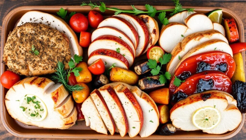 "Perfectly baked split chicken breasts with crispy golden skin, garnished with fresh herbs, served on a plate with roasted vegetables."