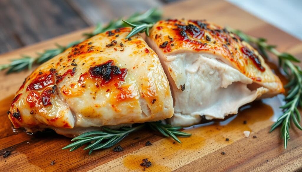 "Perfectly baked split chicken breasts with crispy golden skin, garnished with fresh herbs, served on a plate with roasted vegetables."