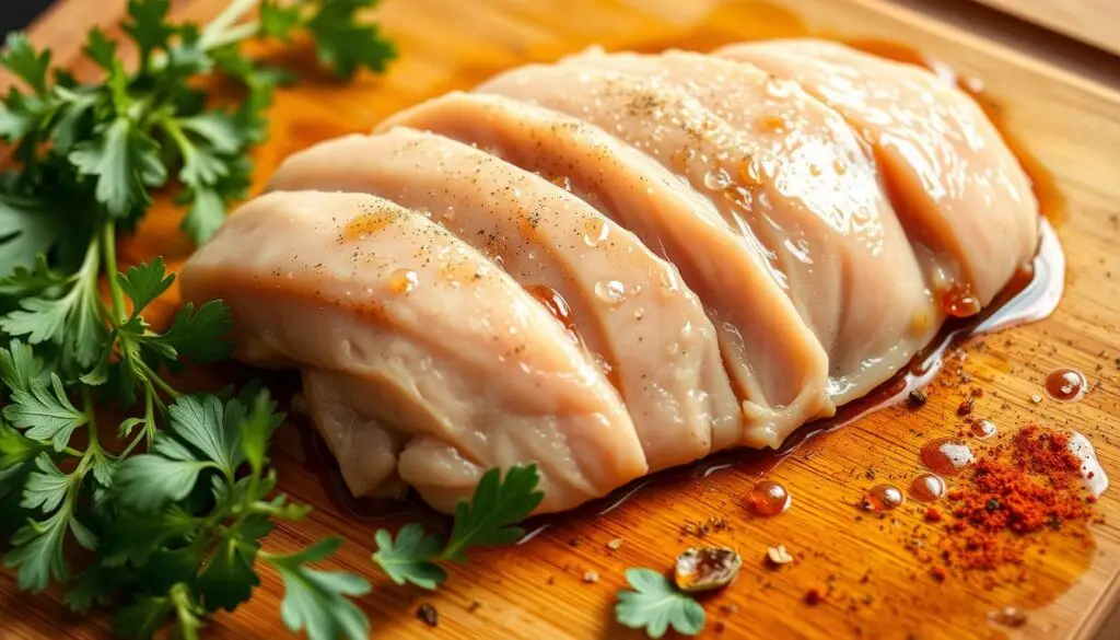 Perfectly baked thin cut chicken breasts served on a white plate, garnished with fresh herbs and lemon wedges."