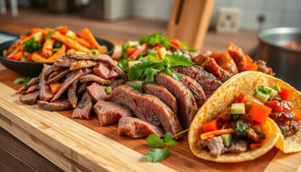 "Various cuts of thin-sliced beef, including flank steak, skirt steak, and sirloin, displayed on a wooden cutting board with fresh herbs."