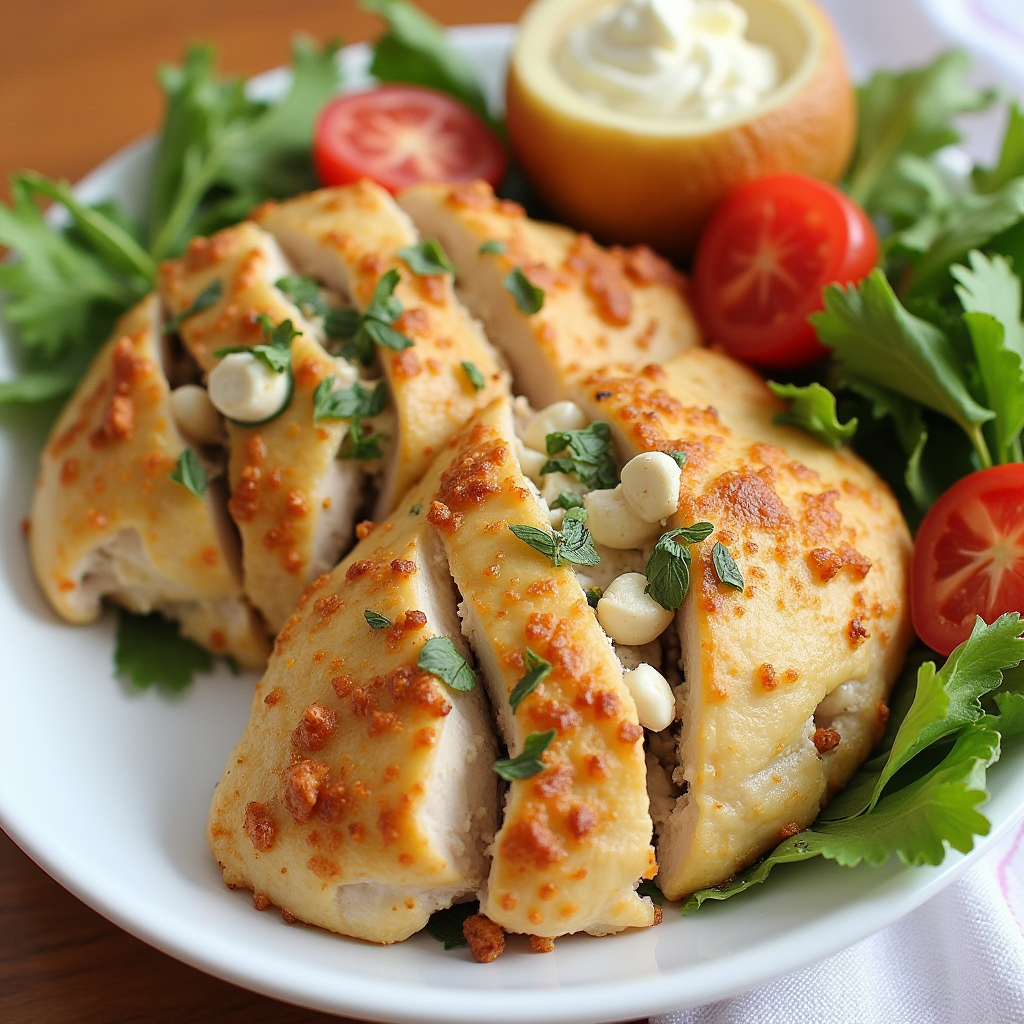  "Split chicken breasts seasoned with paprika, garlic powder, and olive oil, baking on a tray in the oven with golden, crispy edges."