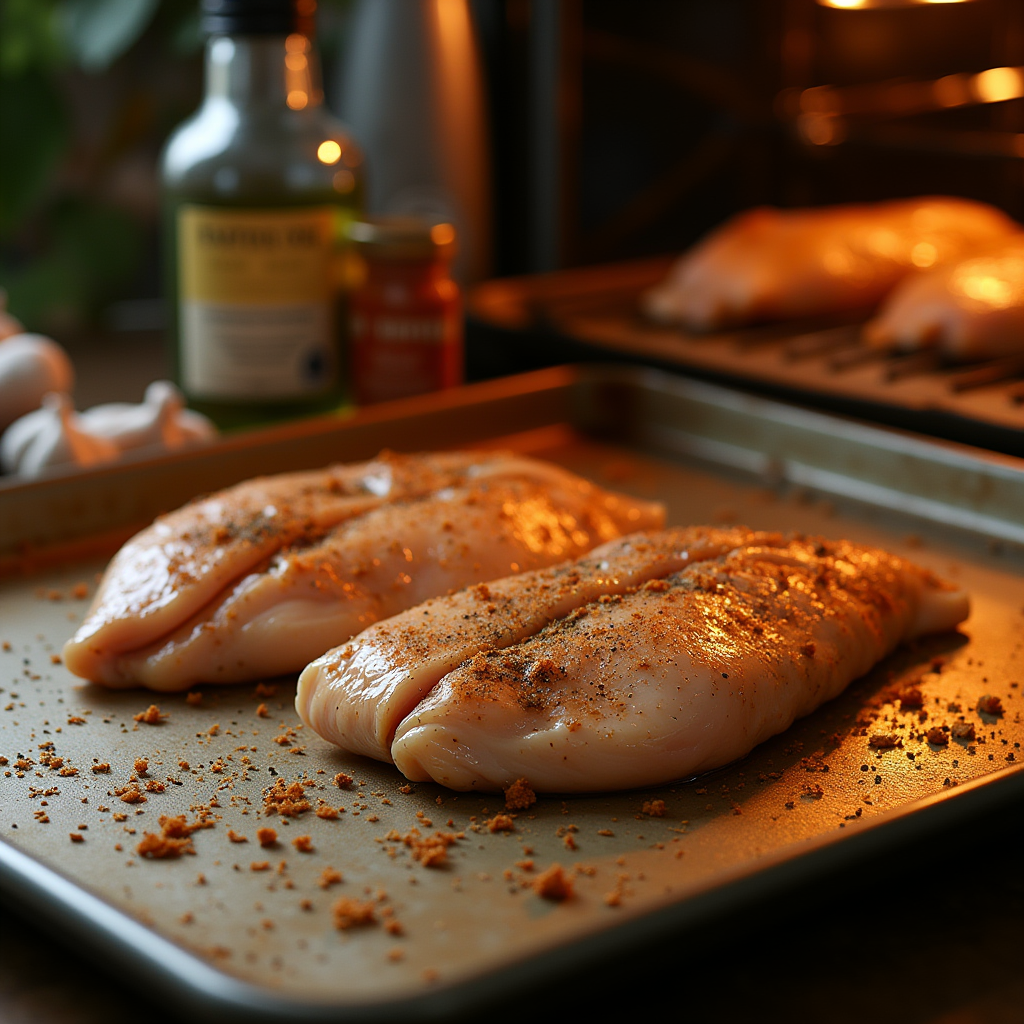 "Split chicken breasts placed on a baking sheet in the oven, cooking to a golden, juicy finish."