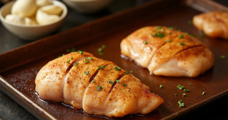 "A kitchen scene showing split chicken breasts being seasoned with garlic powder and paprika, ready to be baked."