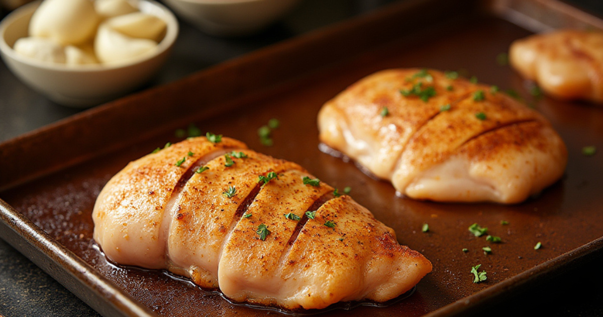 "A kitchen scene showing split chicken breasts being seasoned with garlic powder and paprika, ready to be baked."