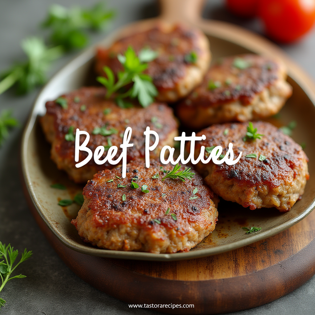 A plate of lean beef patties freshly cooked, golden brown, and garnished with herbs.