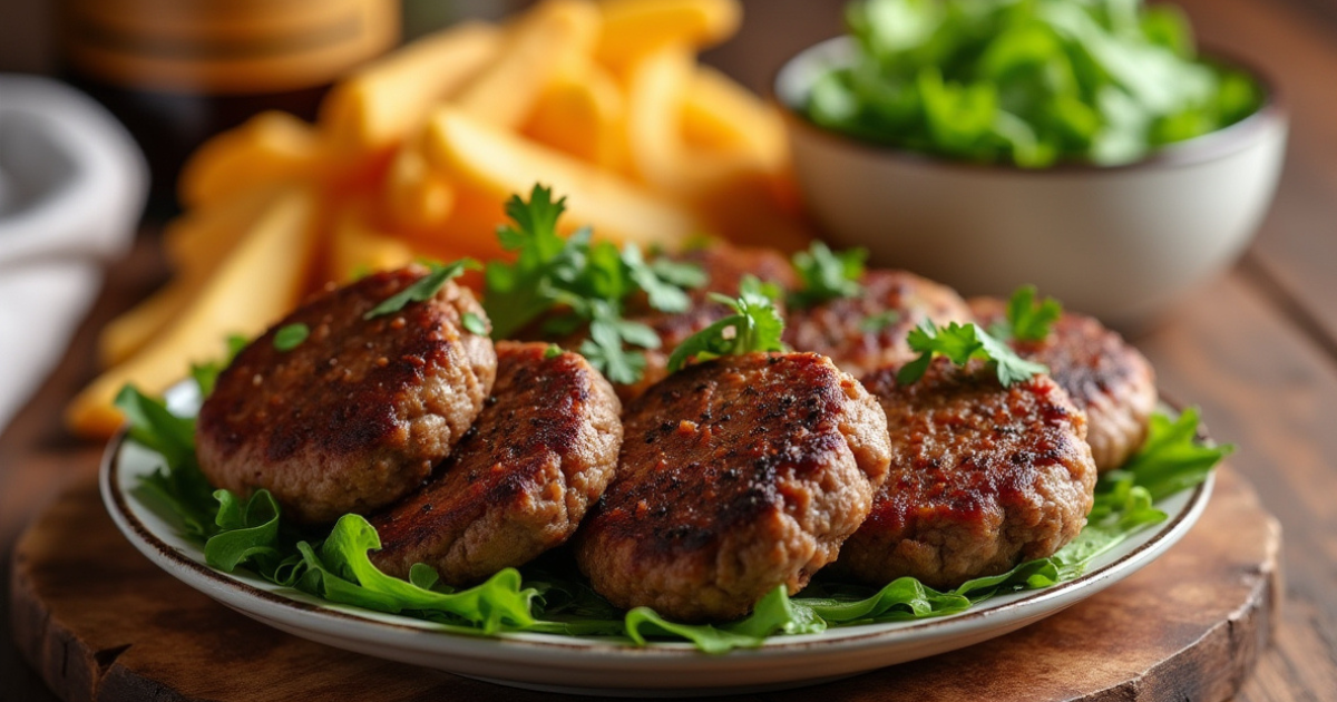 A plate of lean beef patties freshly cooked, golden brown, and garnished with herbs.