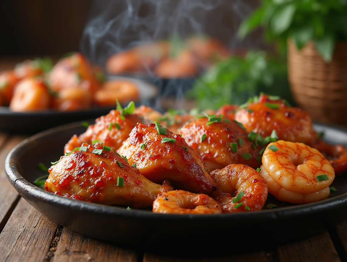 A plate of smoked chicken thighs and shrimp with a tangy BBQ sauce, showcasing a perfect smoky flavor combination.