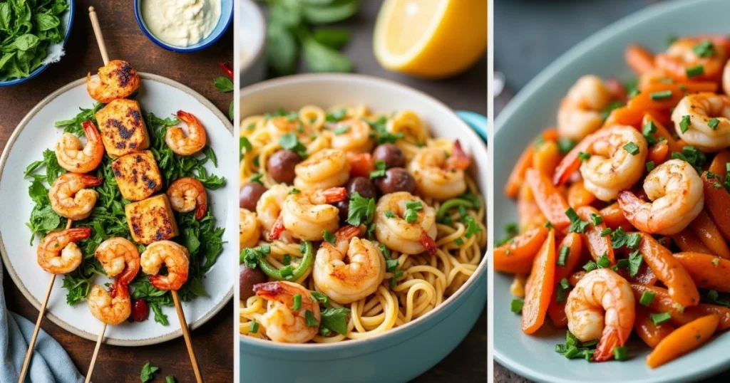 "Close-up of a plated dish featuring grilled chicken and shrimp, garnished with fresh herbs and served alongside roasted vegetables, showcasing vibrant colors and textures."