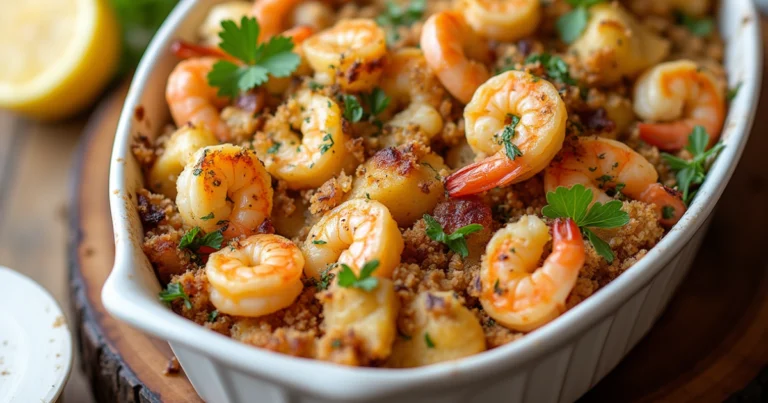 A golden and crispy seafood stuffing made with crab, shrimp, and breadcrumbs, baked to perfection.