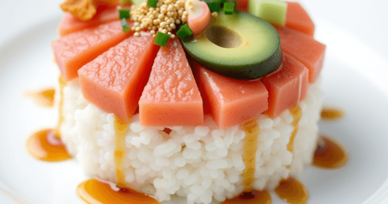 A delicious homemade salmon poke bowl with sushi-grade salmon, rice, avocado, cucumber, and sesame seeds.