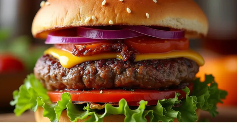 A close-up of a perfectly cooked lean beef patty on a plate, garnished with fresh herbs, showcasing its juicy, tender texture and healthy ingredients.