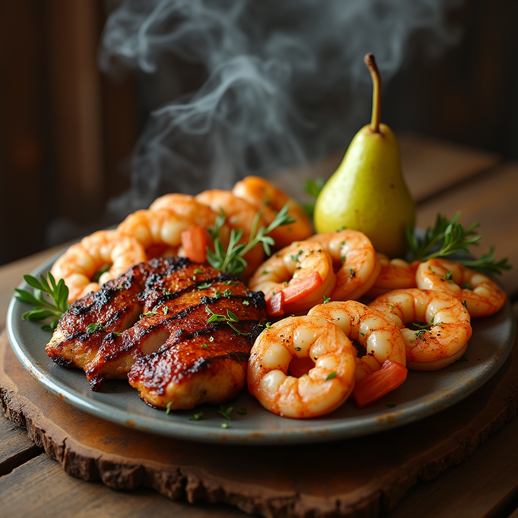 Grilled chicken and shrimp marinated in lemon herb sauce for a fresh and flavorful meal.