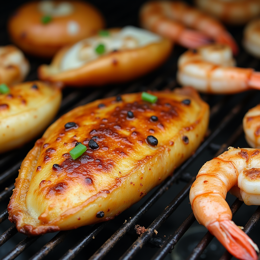 Cajun-spiced chicken and shrimp skewers being smoked to perfection, with a smoky