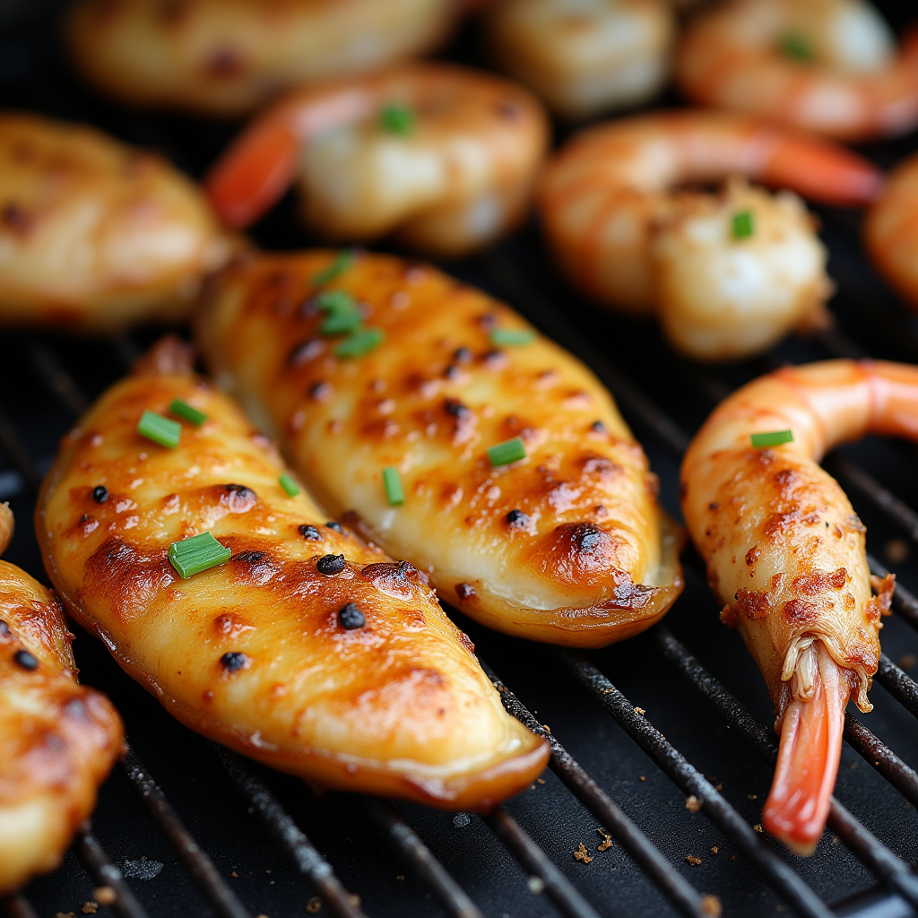  Lemon-zested chicken and shrimp smoked with fresh herbs like rosemary and thyme, garnished with garlic butter.