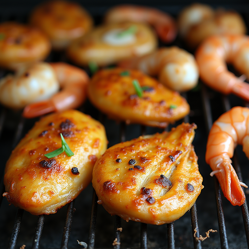 Sweet and spicy smoked chicken wings and shrimp glazed with a honey-chili mixture, served with a dipping sauce.