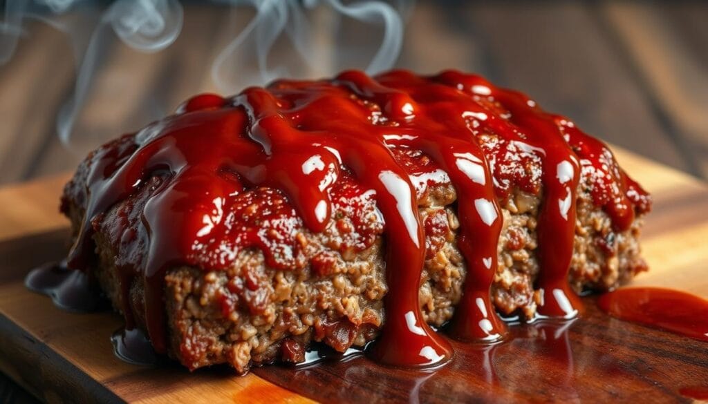 Smoked meatloaf with a tangy glaze, cooked on a smoker, showcasing a smoky, tender texture and rich flavors.