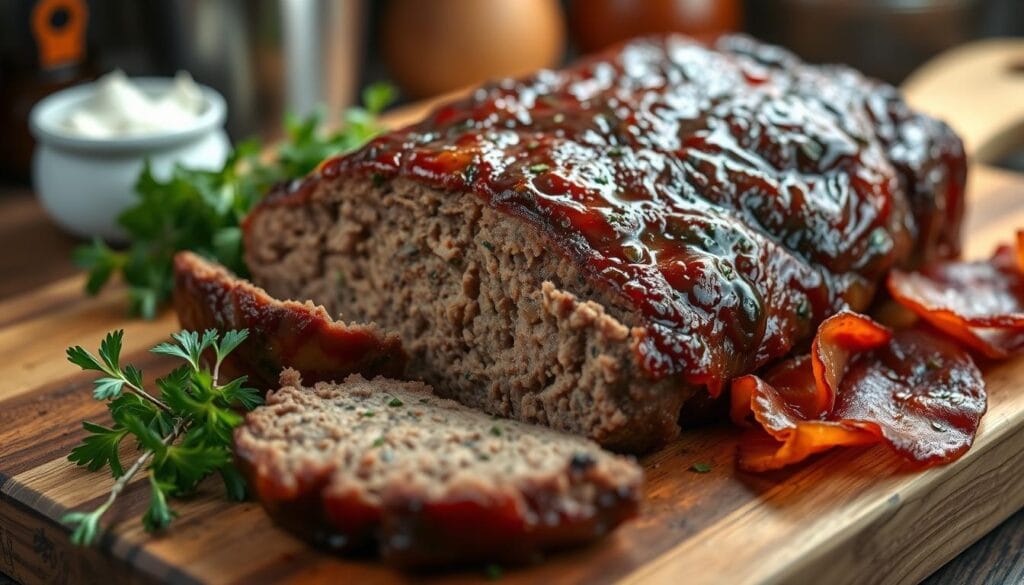 Smoked meatloaf with a tangy glaze, cooked on a smoker, showcasing a smoky, tender texture and rich flavors.