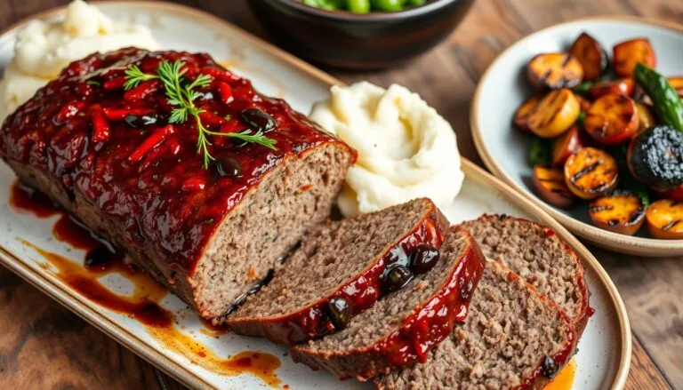 A tender smoked meatloaf with a glossy BBQ glaze on top, surrounded by roasted vegetables.