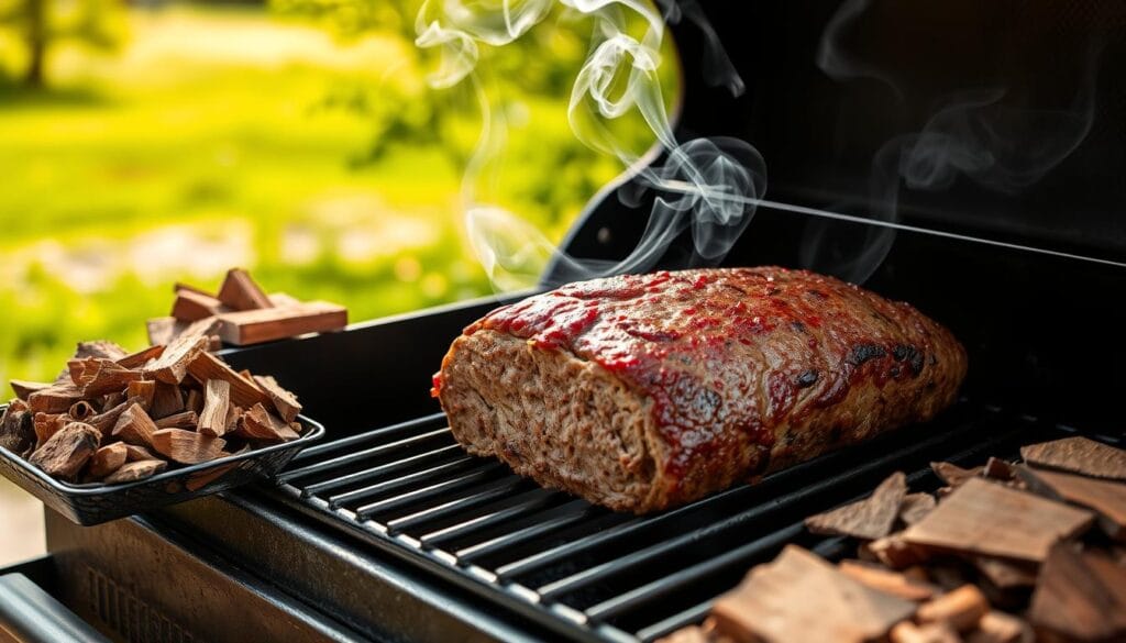 A tender smoked meatloaf with a glossy BBQ glaze on top, surrounded by roasted vegetables.