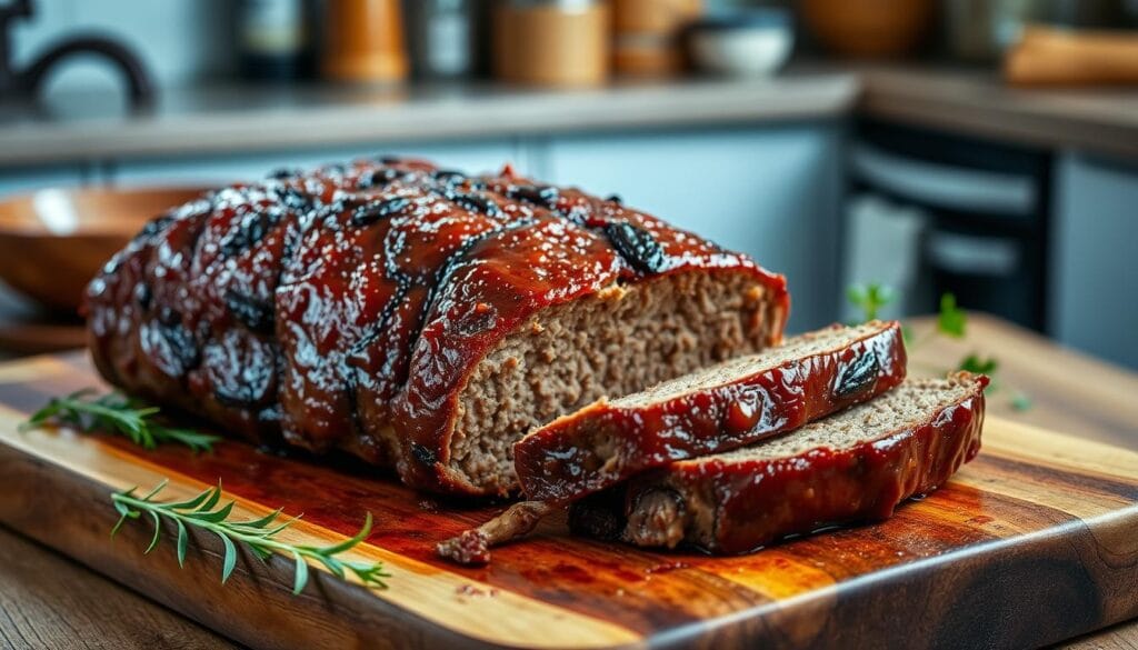 A tender smoked meatloaf with a glossy BBQ glaze on top, surrounded by roasted vegetables.