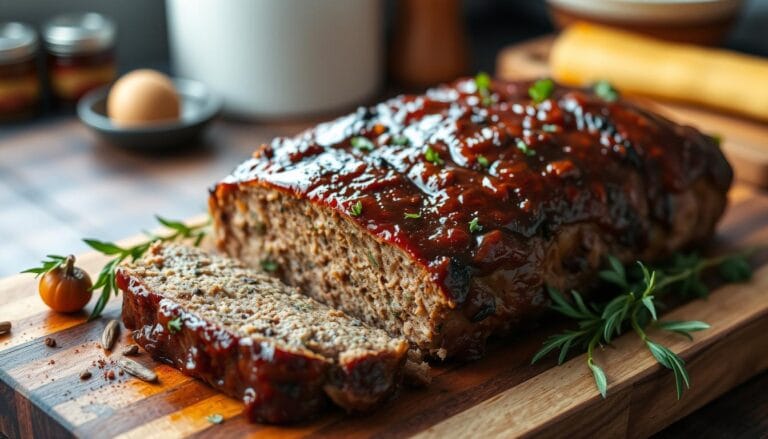 Smoked meatloaf with a tangy glaze, cooked on a smoker, showcasing a smoky, tender texture and rich flavors