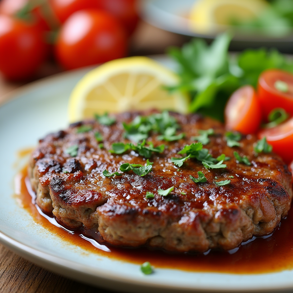 A close-up of a perfectly cooked lean beef patty on a plate, garnished with fresh herbs, showcasing its juicy, tender texture and healthy ingredients.