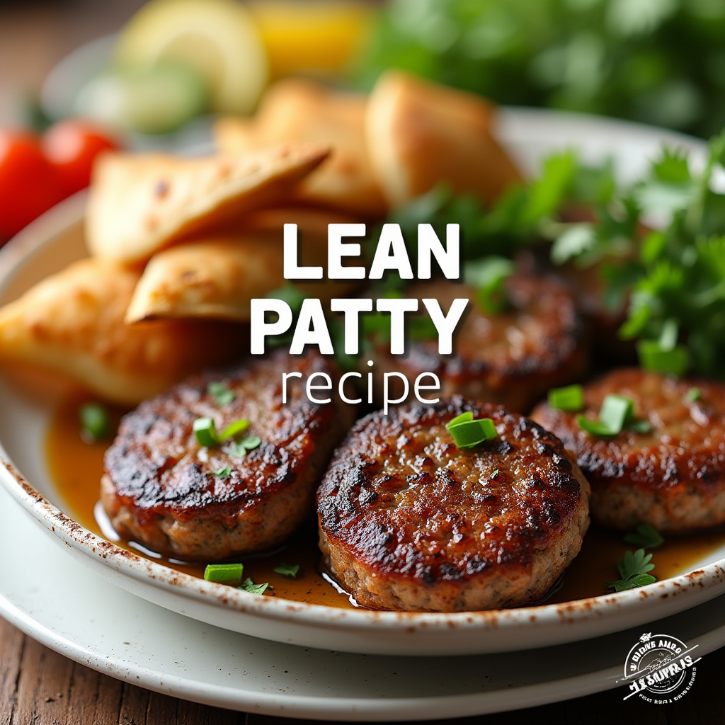 A close-up of a perfectly cooked lean beef patty on a plate, garnished with fresh herbs, showcasing its juicy, tender texture and healthy ingredients.