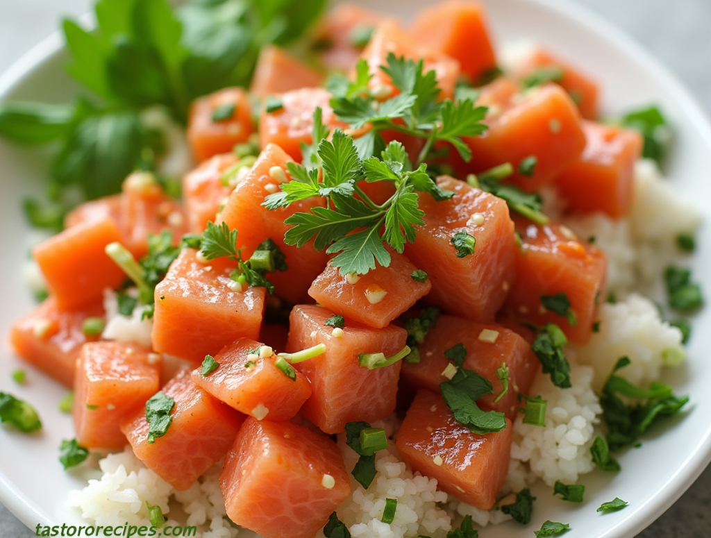 A vibrant and healthy homemade salmon poke bowl featuring sushi-grade salmon, rice, avocado, cucumber, and sesame seeds