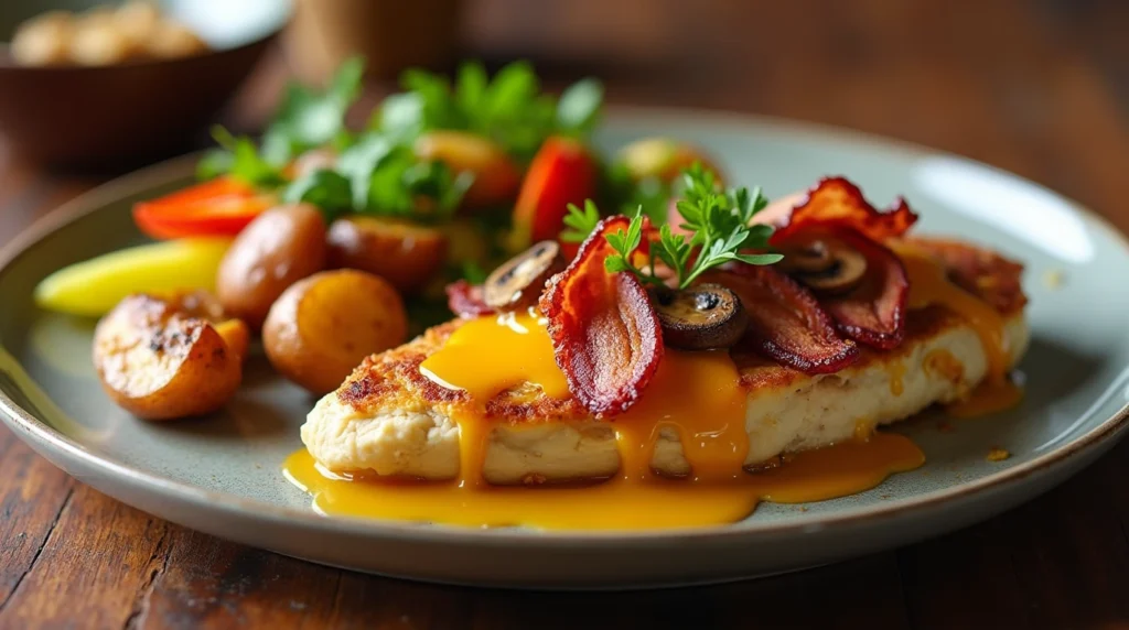  A plate of Alice Springs Chicken topped with crispy bacon, melted cheddar cheese, sautéed mushrooms, and honey mustard sauce, served with roasted potatoes.