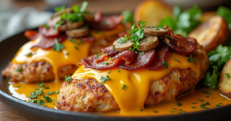 Alice Springs Chicken topped with crispy bacon, melted cheddar cheese, sautéed mushrooms, and drizzled with honey mustard sauce, served with roasted potatoes and vegetables.