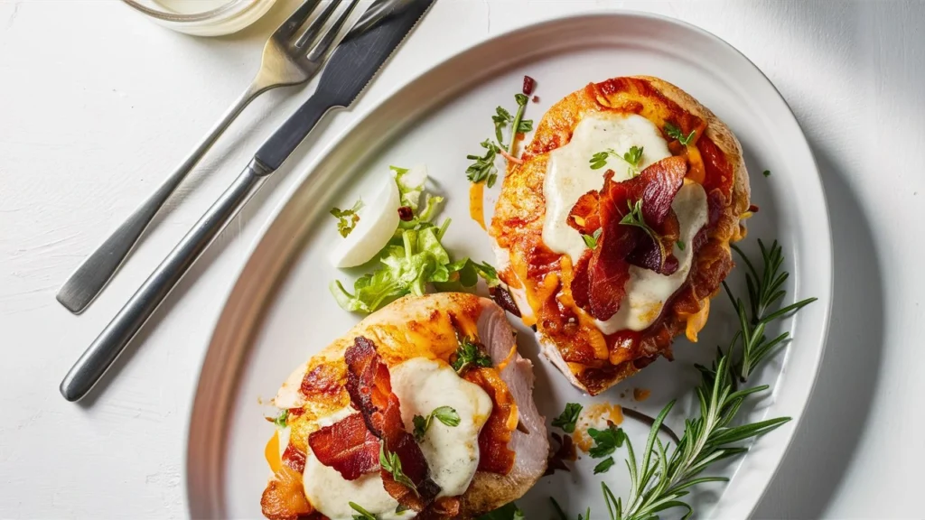 A serving of Alice Springs Chicken with a side of fresh vegetables and garnished with herbs.