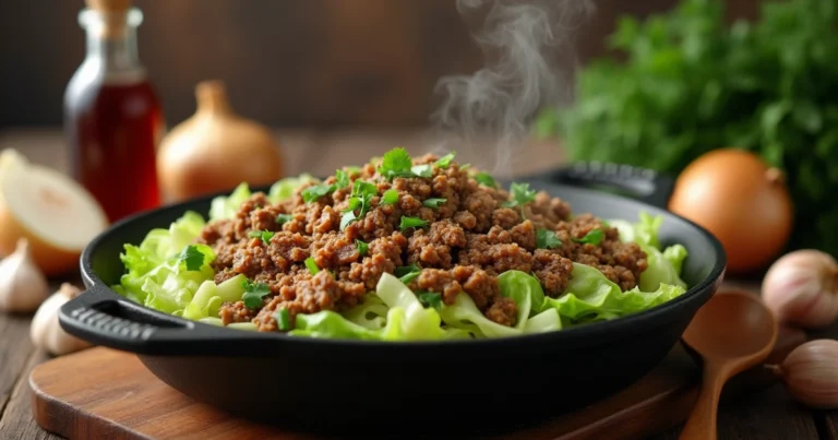 "A skillet filled with perfectly cooked ground beef and tender sautéed cabbage, garnished with fresh parsley and surrounded by simple cooking ingredients."