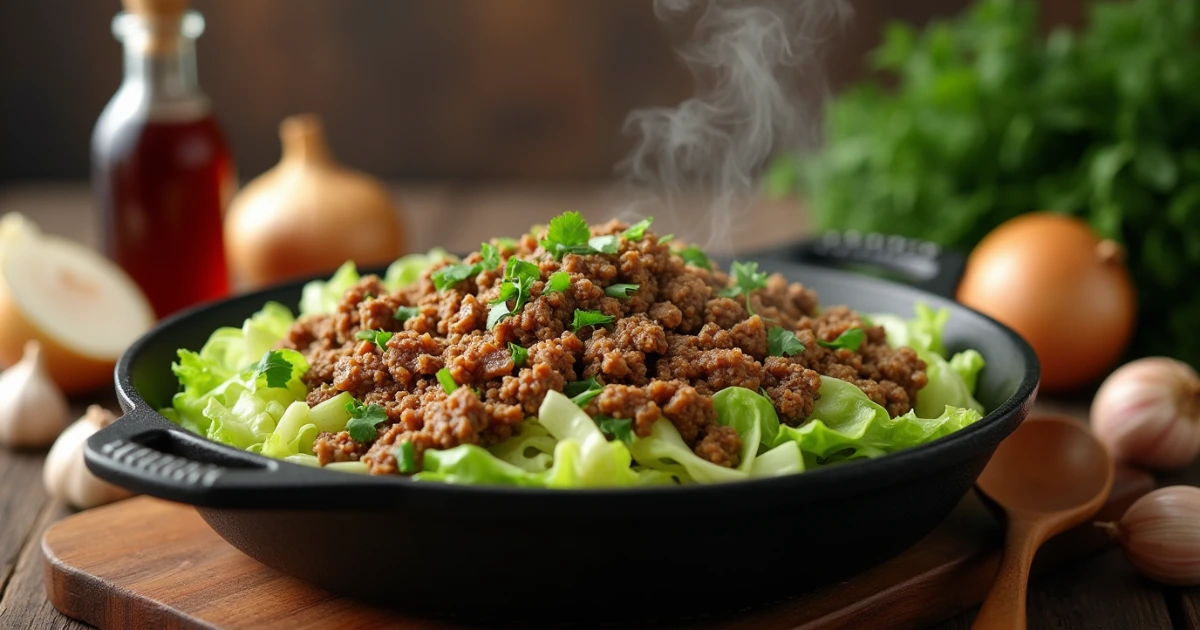 "A skillet filled with perfectly cooked ground beef and tender sautéed cabbage, garnished with fresh parsley and surrounded by simple cooking ingredients."