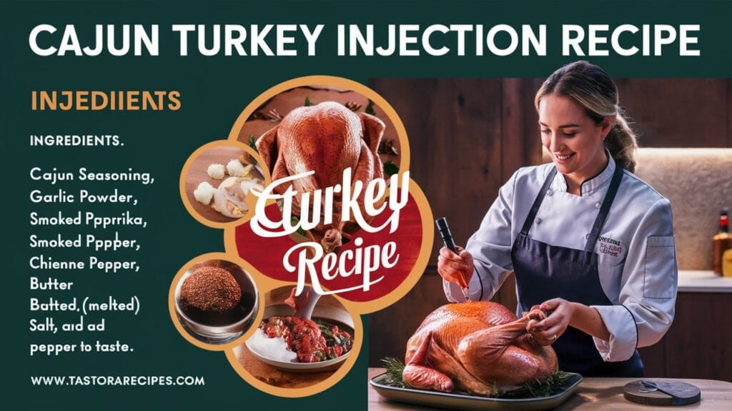 A close-up view of all ingredients for the Cajun turkey injection recipe, including Cajun seasoning, butter, garlic, and broth, arranged on a kitchen counter.