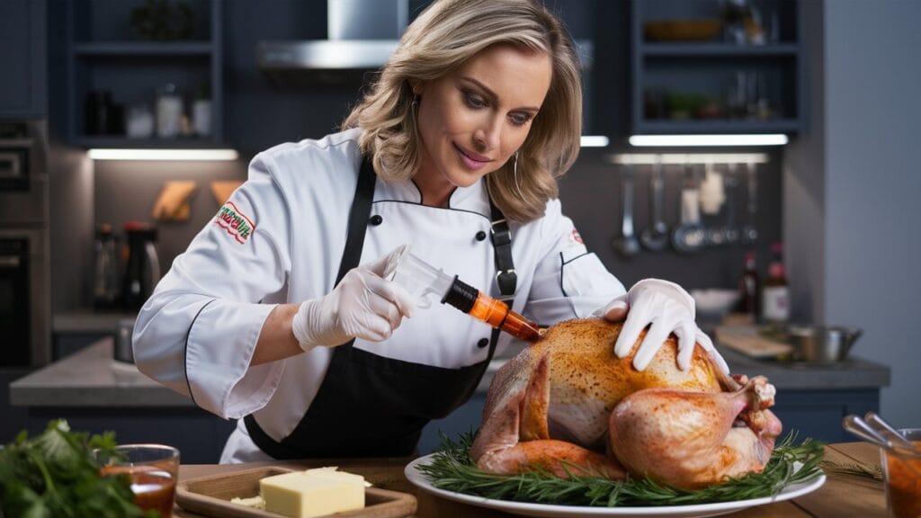 A person mixing Cajun seasoning, melted butter, and broth in a bowl to create the injection marinade for the turkey.