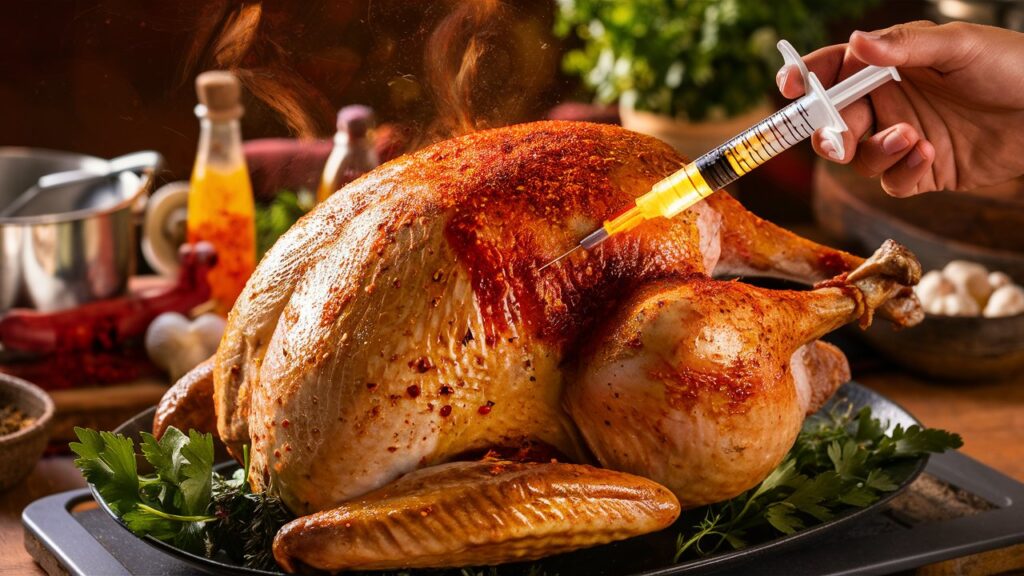 A person using a turkey injector syringe to inject Cajun seasoning marinade into a whole turkey, focusing on even distribution.