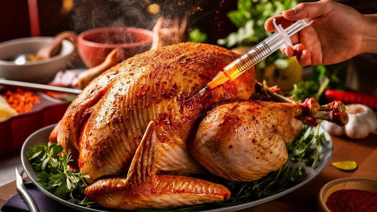 A beautifully roasted Cajun turkey on a carving board, garnished with fresh herbs and spices, showcasing the tender, juicy results of the injection.