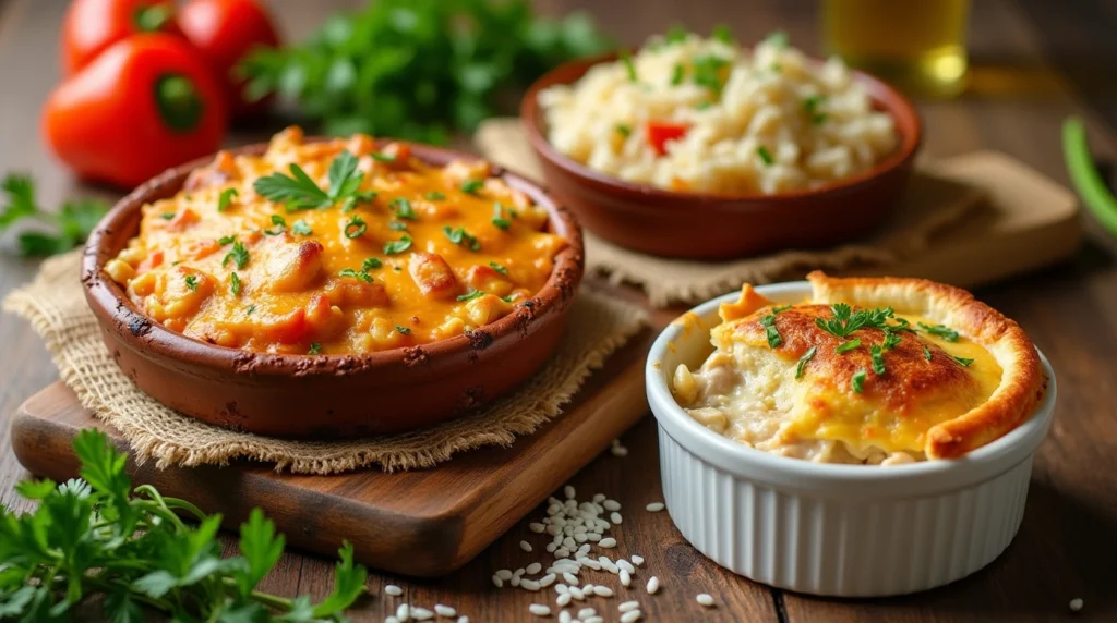  A hearty chicken casserole with a cheesy topping, a savory chicken and rice dish with fresh herbs, and a golden-brown chicken pot pie, all arranged on a rustic wooden table.