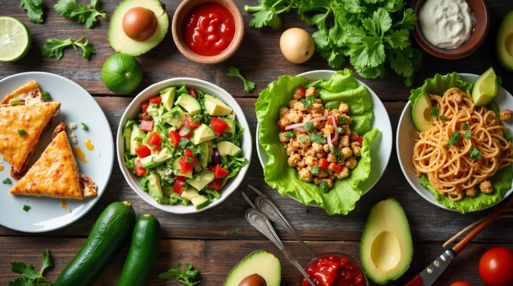  A platter featuring crispy chicken quesadillas with melted cheese, a fresh chicken salad topped with avocado slices, crisp chicken lettuce wraps with colorful vegetables, and chicken zucchini noodles with herbs.