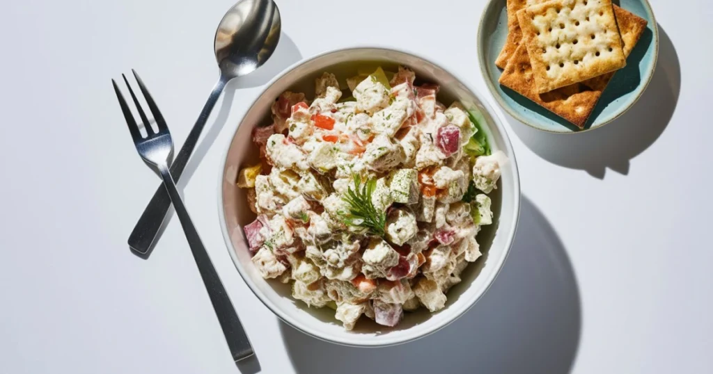 A plated serving of chicken salad from the Chicken Salad Chick Recipe, garnished with fresh greens.