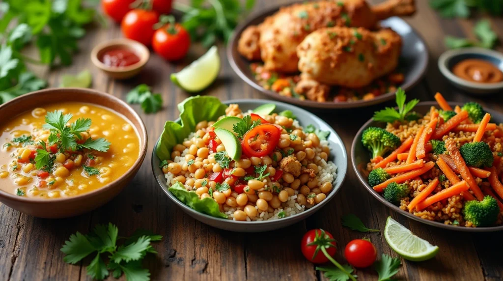 A warm bowl of chicken soup with fresh herbs, a colorful chicken burrito bowl with rice and vegetables, and a vibrant chicken and veggie stir-fry served on a rustic wooden table.