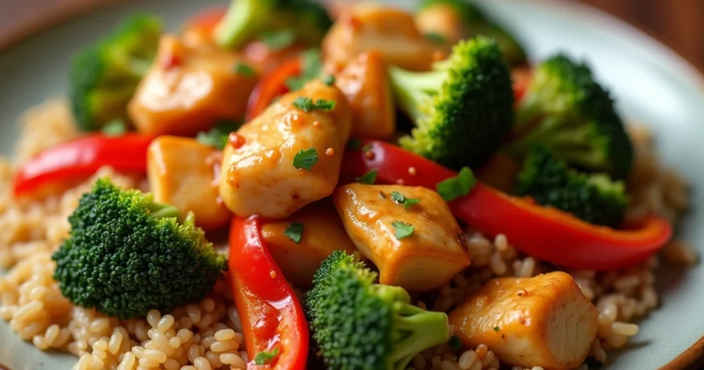 "A colorful and vibrant chicken stir-fry with broccoli, bell peppers, and a savory sauce, served over brown rice for a quick and healthy dinner."