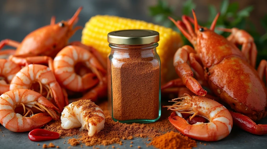 A jar of classic Cajun seafood boil seasoning with bold spices like paprika, cayenne, and thyme, surrounded by shrimp, crab, corn, and potatoes."