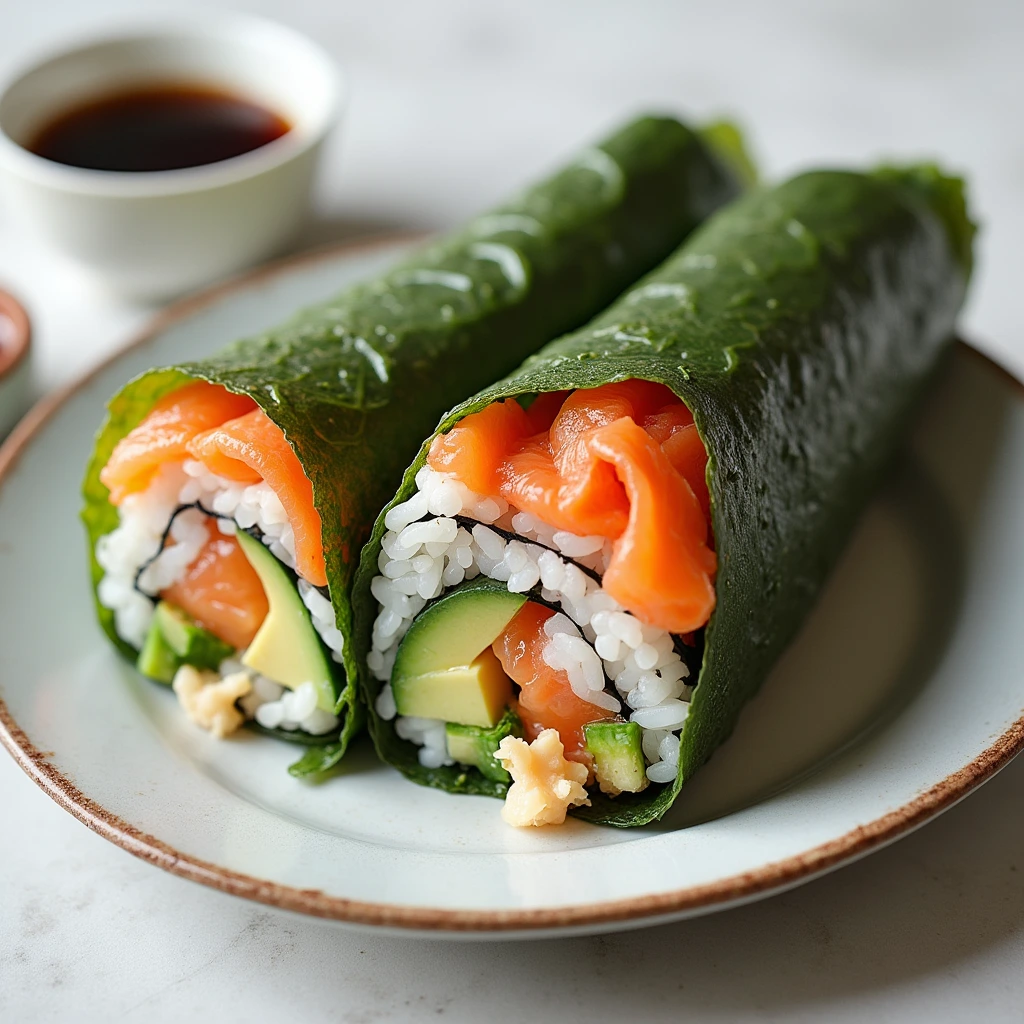 "Close-up of nigiri sushi topped with fresh, glistening salmon slices on vinegared rice."