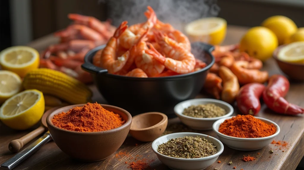 "A mouth-watering Southern seafood boil featuring shrimp, crab, crawfish, and corn, potatoes, and sausage, arranged on a rustic wooden table."