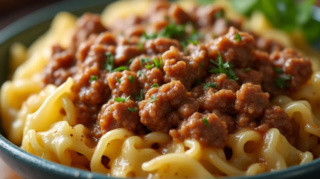 "A close-up shot of tender cabbage and juicy ground beef, perfectly cooked and coated with spices."