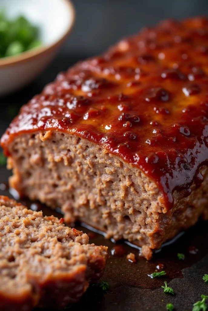  A close-up shot of a glossy BBQ glaze on smoked meatloaf, showcasing its juicy and tender texture.