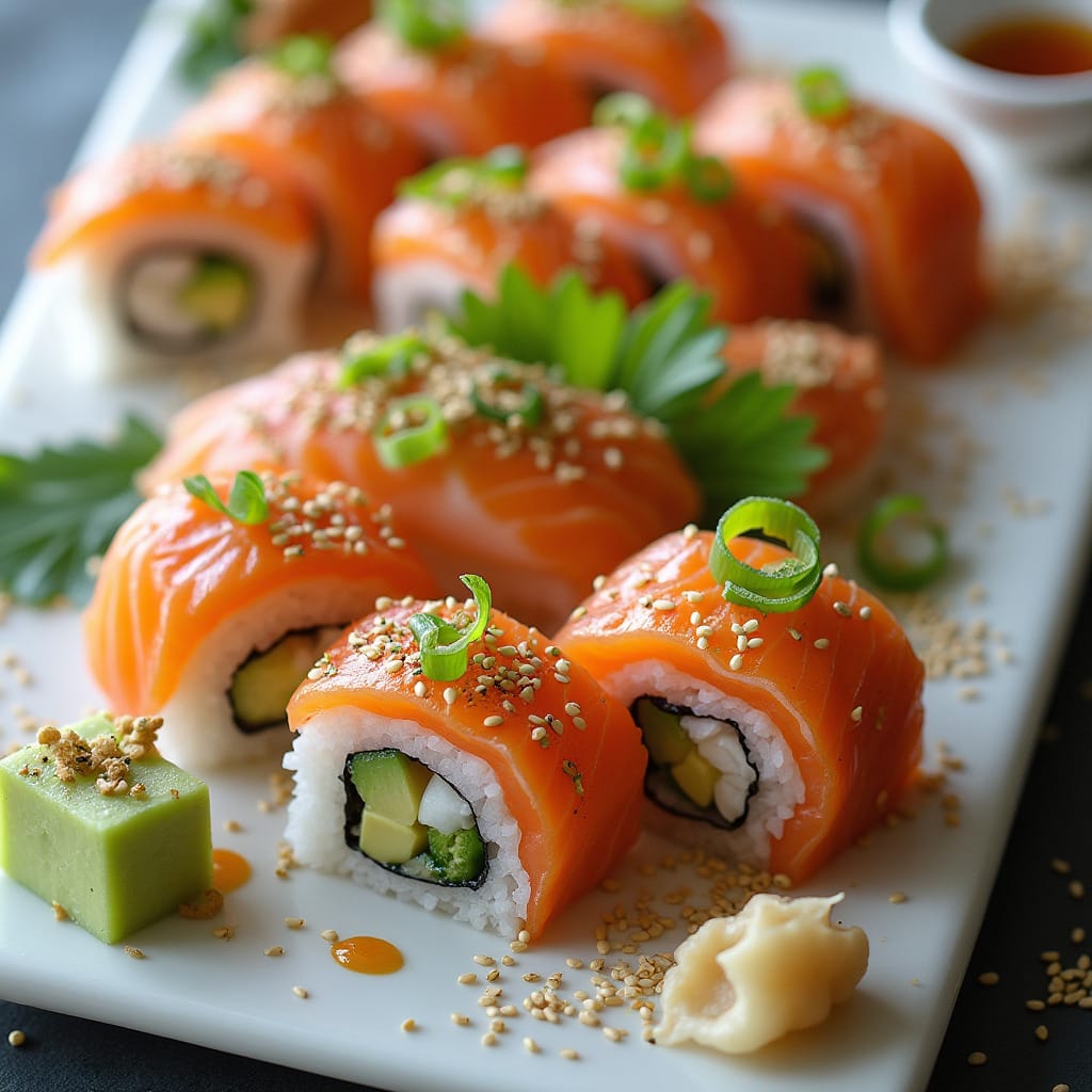 "A vibrant sushi roll layered with fresh salmon, avocado, cucumber, and other colorful vegetables, drizzled with sauce."