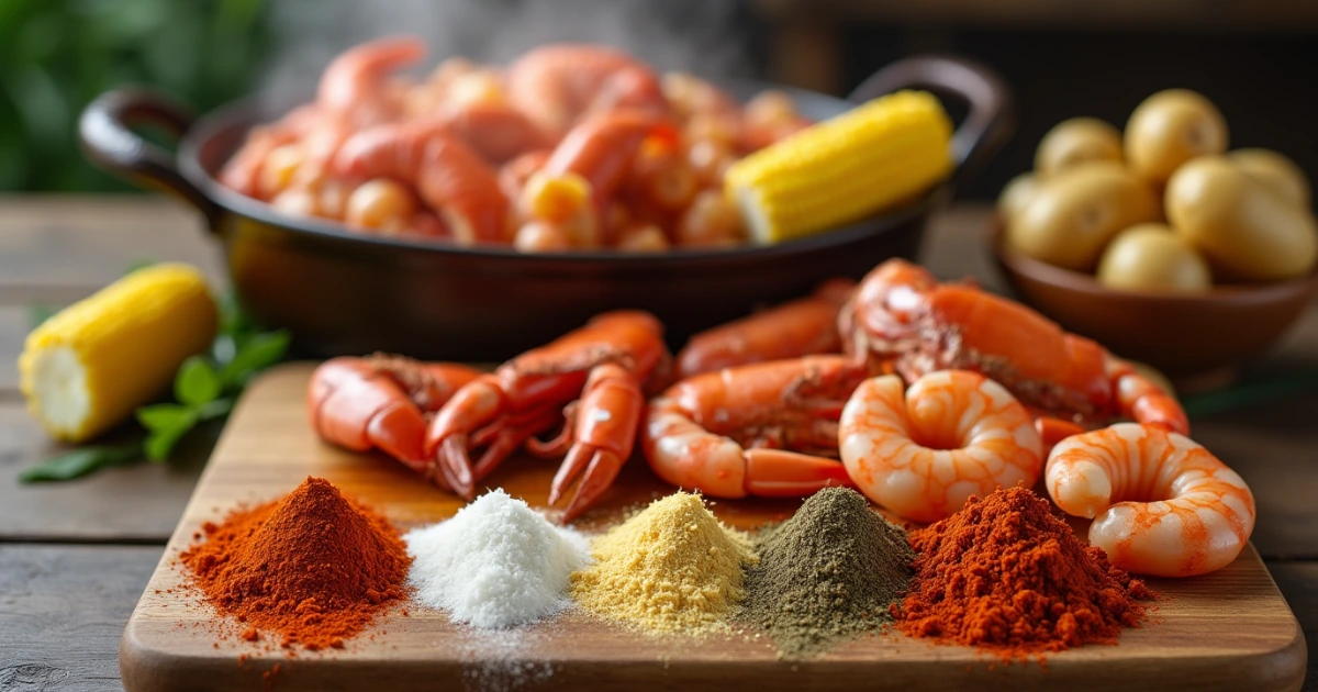 "Steaming seafood boil with shrimp, crab, lobster, crawfish, and sausage, surrounded by homemade seafood boil seasoning, corn, potatoes, and a rustic table setup."